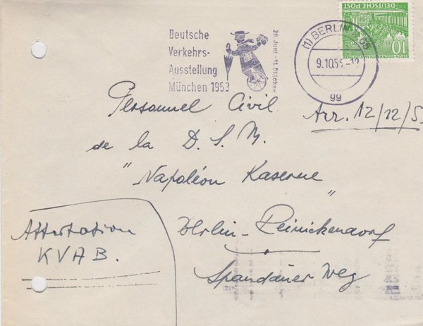 BERLIN 47 - Standardbrief (Berliner Bauten) an Franz. Militär-Dienststelle - Stempel vom 09-10-1953