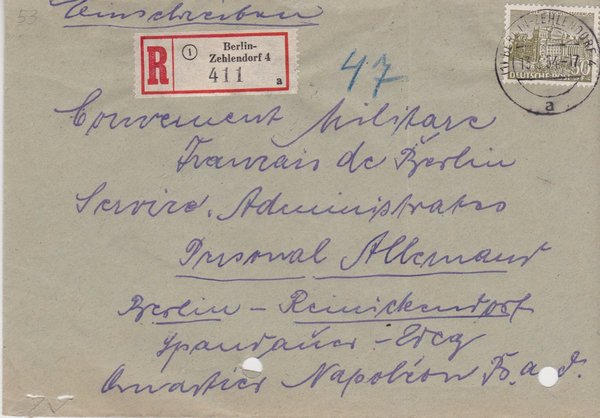 BERLIN 53 Einschreibebrief (Berliner Bauten) an Franz. Militär-Dienststelle - Stempel vom 13-03-1954