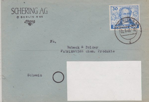 BERLIN 63 - Auslandsbrief ( J. Wolfgang von Goethe) Firmenpost Berlin nach Basel vom 02-09-1949