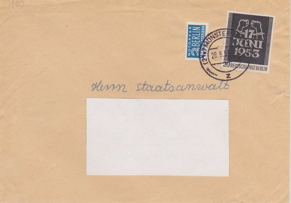BERLIN 110 + 2 Pfg. Standardbrief (Volksaufstand)  von Münster nach Kleve - Stempel vom  28-08-1953