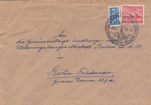 BERLIN 113 + 2 Pfg. Standardbrief (Berliner Bauten) von Grainau nach Berlin - Stempel vom 28-06-1955