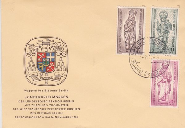 BERLIN 132-134 Satz - Ersttagsbrief (Bistum Berlin) mit Ersttags-Sonderstempel vom 26-11-1955