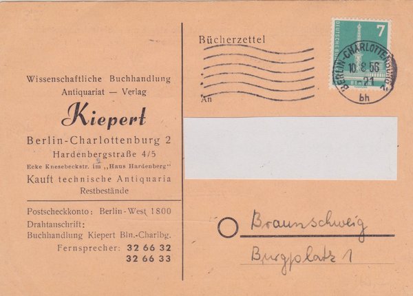 BERLIN 135 - Bücherzettel als Postkarte (Berliner Bauten) Charlottenburg - Stempel vom 10-08-1956