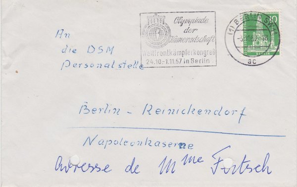 BERLIN 144 - Standardbrief (Berliner Bauten) an Franz. Militär-Dienststelle - Stempel vom 03-10-1957