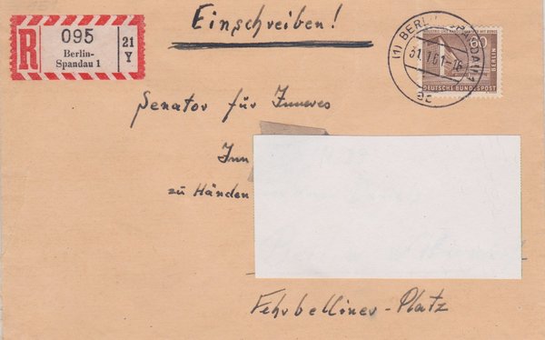 BERLIN 151 - Einschreibebrief (Berliner Bauten) in Berlin mit Tagesstempel vom 31-01-1961