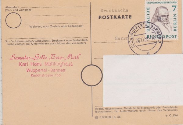 BERLIN 163 - Drucksache als Postkarte (Männer Berlins) mit Tagesstempel vom 26-11-1958