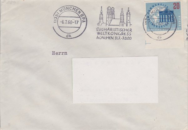 BERLIN 189 - Standardbrief (Kommunaler Weltkongress) Maschinen-Werbestempel München 06-07-1960
