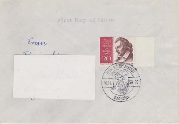 BERLIN 190 - Ersttagsbrief (Friedrich von Schiller) mit Ersttags-Sonderstempel vom 10-11-1959