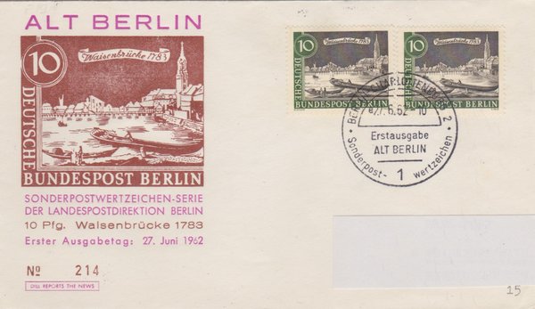 BERLIN 219 - Ersttagsbrief (Alt-Berlin) mit Ersttags-Sonderstempel vom 27-06-1962 zuadressiert