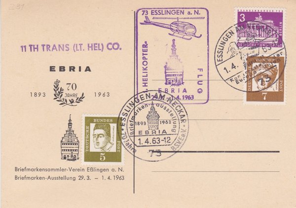 BERLIN 199, 200, 231 -  Postkarte (Helikopter-Flug EBRIA 1963) mit Sonderstempel vom 01-04-1963