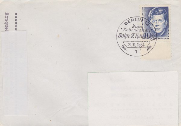 BERLIN 241 - Ersttagsbrief (John F. Kennedy) mit Ersttags-Sonderstempel vom 21-11-1964 zuadr.
