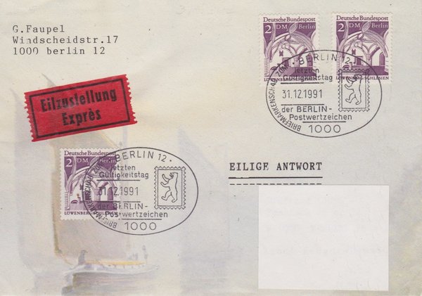 BERLIN 285 (3x) - Expressbrief (Deutsche Bauwerke) mit Letzttags-Sonderstempel vom 31-12-1991