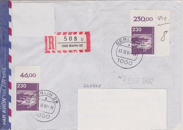 BERLIN 586 (2x) - Einschreibebrief nach Argentinien - mit Letzttags-Tagesstempel vom 31-12-1991