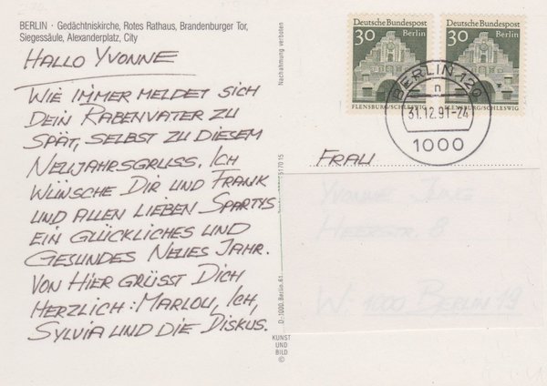 BERLIN 274 (2x), Ansichtskarte Hauptstadt Berlin mit Letzttagsstempel vom 31-12-1991