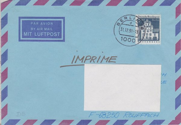 BERLIN 282, Auslands-Luftpost-Drucksache mit Letzttags-Tagesstempel vom 31-12-1991
