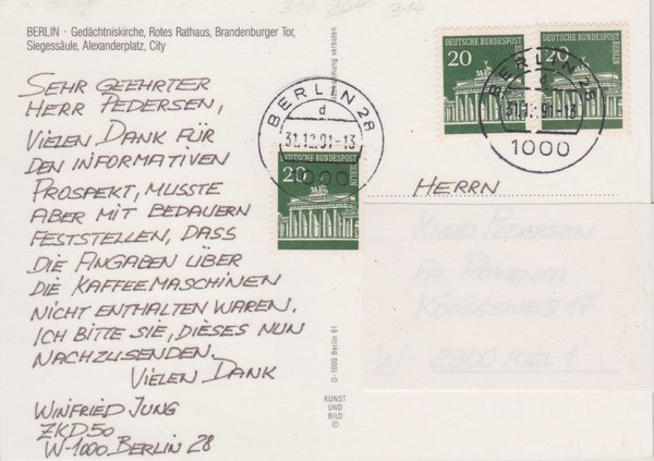 BERLIN 287 (3x) - Standard-Postkarte (Brandenburger Tor) mit Letzttags-Tagesstempel vom 31-12-1991
