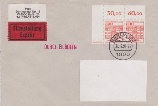 BERLIN 677 (2x) - Expressbrief - Burgen & Schlösser - mit Letzttags-Tagesstempel 31-12-1991