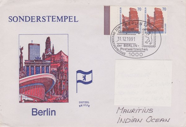 BERLIN 874 (2x) - Brief nach Mauritius - Sehenswürdigkeiten - mit Letzttags-Sonderstempel 31-12-1991