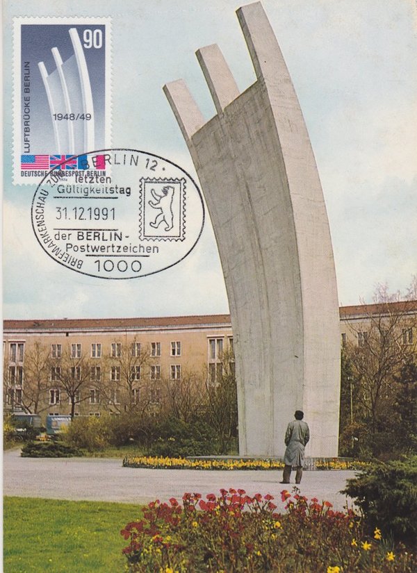 BERLIN 466 - Erinnerungs-Postkarte (Berliner Luftbrücke) mit Letzttags-Sonderstempel vom 31-12-1991