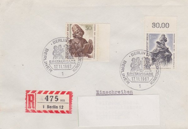 BERLIN 305, 307 - Ersttagsbrief (Kunstschätze) mit Ersttags-Sonderstempel vom 17-11-1967 zuadr.
