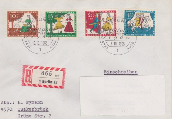 BERLIN 266-269 Satz - Ersttagsbrief (Wohlfahrtsmarken) mit Ersttags-Sonderstempel 06-10-1965 zuadr.