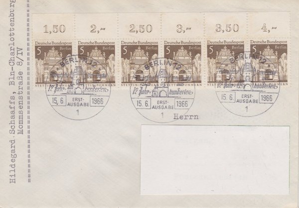 BERLIN 270 (6x) - Ersttagsbrief (Deutsche Bauwerke) mit Ersttags-Sonderstempel vom 15-06-1966 zuadr.