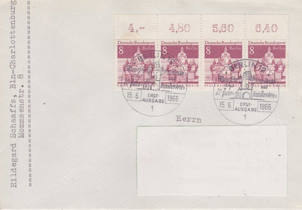 BERLIN 271 (4x) - Ersttagsbrief (Deutsche Bauwerke) mit Ersttags-Sonderstempel vom 15-06-1966 zuadr.