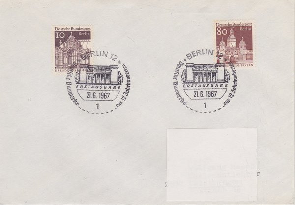 BERLIN 272, 280 - Ersttagsbrief (Deutsche Bauwerke) mit Ersttags-Sonderstempel vom 21-06-1967 zuadr.