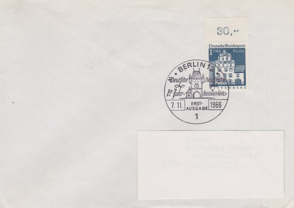 BERLIN 282 - Ersttagsbrief (Deutsche Bauwerke) mit Ersttags-Sonderstempel vom 07-11-1966 zuadr.