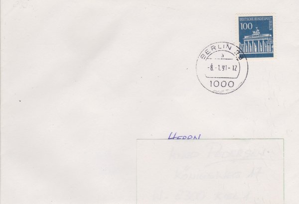 BERLIN 290 - Standardbrief mit Tagesstempel vom 08-01-1991, portogerecht, (West/West)
