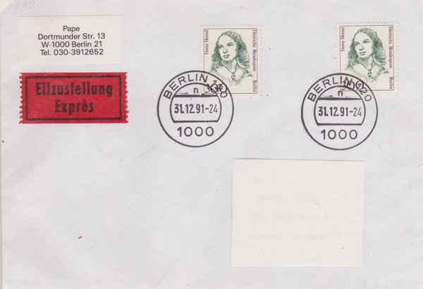 BERLIN 849 (2x) - Expressbrief - Frauen - mit Letzttags-Tagesstempel vom 31-12-1991