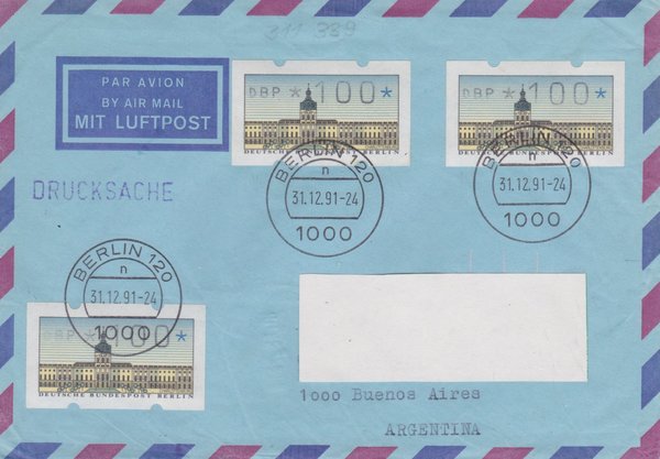 BERLIN ATM 1 - Auslands-Luftpost-Drucksache - ATM - mit Letzttags-Tagesstempel vom 31-12-1991