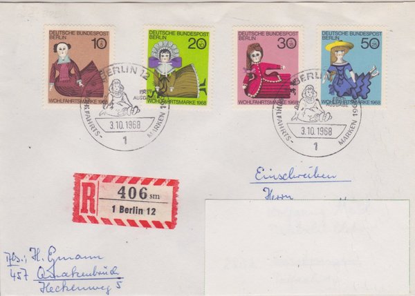 BERLIN 322-325 Ersttags-Einschreibebrief <(Wohlfahrt:Puppen> mit Sonderstempel vom 03-10-1968