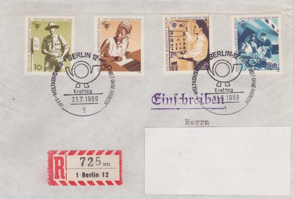 BERLIN 342-345 Satz - Ersttagsbrief (Weltkongress) mit Ersttags-Sonderstempel vom 21-07-1969 zuadr.