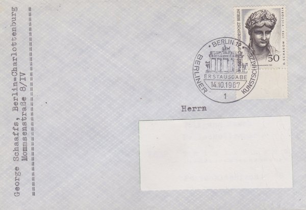 BERLIN 306 - Ersttagsbrief (Kunstschätze) mit Ersttags-Sonderstempel vom 14-10-1967 zuadr.