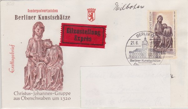BERLIN 308 - Ersttagsbrief Express (Kunstschätze) mit Ersttags-Sonderstempel vom 21-06-1967 zuadr.