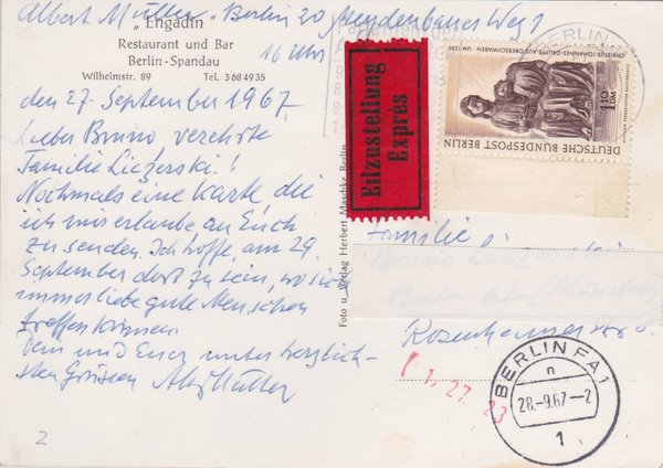 BERLIN 308 - Express-Postkarte (Kunstschätze) mit Tagesstempel vom 27-09-1967
