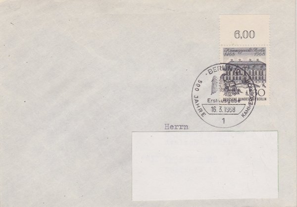 BERLIN 320 - Ersttagsbrief (Kammergericht Berlin) mit Ersttags-Sonderstempel vom 16-03-1968 zuadr.