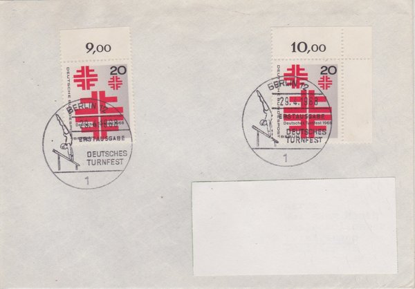 BERLIN 321 - Ersttagsbrief (Deutsches Turnfest) mit Ersttags-Sonderstempel vom 29-04-1968 zuadr.