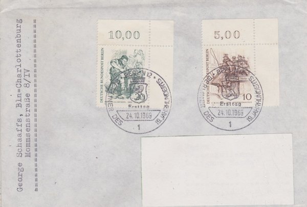 BERLIN 332, 334 - Ersttagsbrief (Berliner … ) mit Ersttags-Sonderstempel vom 24-10-1969 zuadressiert