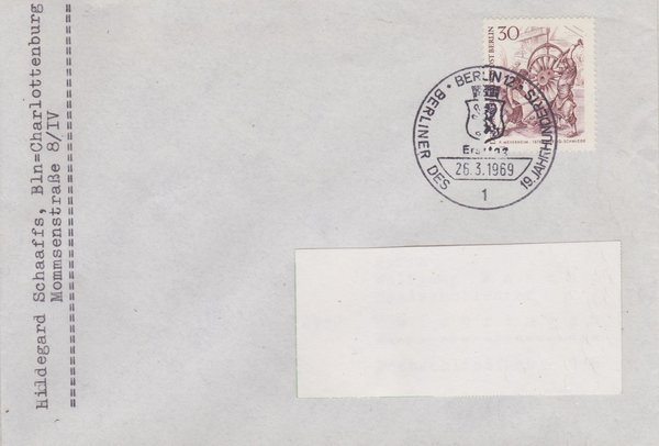 BERLIN 335 - Ersttagsbrief (Berliner … ) mit Ersttags-Sonderstempel vom 25-03-1969 zuadressiert
