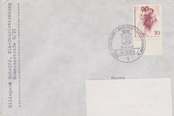 BERLIN 336 - Ersttagsbrief (Berliner … ) mit Ersttags-Sonderstempel vom 24-10-1969, zuadressiert