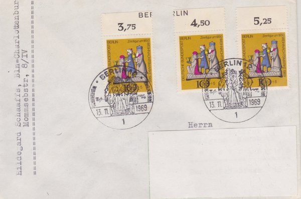 BERLIN 352 (3x) - Ersttagsbrief (Weihnachten) mit Ersttags-Sonderstempel vom 13-11-1969 zuadressiert