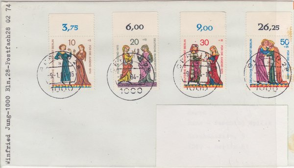 BERLIN 354-357 Satz - Standardbrief (Jugend/Minnesänger) mit Tagesstempel vom 09-01-1984