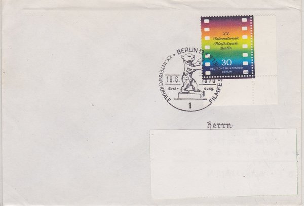 BERLIN 358 - Ersttagsbrief (Filmfestspiele Berlin) mit Ersttags-Sonderstempel vom 18-06-1970 zuadr.