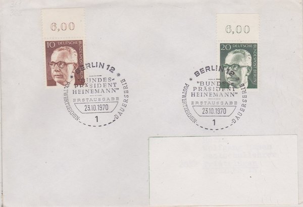 BERLIN 361, 362 - Ersttagsbrief (Gustav Heinemann) mit Ersttags-Sonderstempel vom 23-10-1970 zuadr.