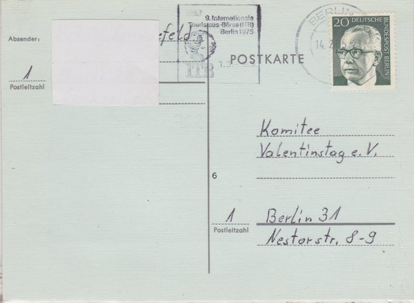 BERLIN 362 - Standard-Postkarte Berlin (Gustav Heinemann) mit Tagesstempel vom 14-02-1975