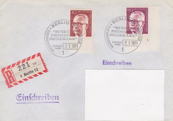 BERLIN 363, 368 - Ersttagsbrief (Gustav Heinemann) mit Ersttags-Sonderstempel vom 02-01-1971 EBF