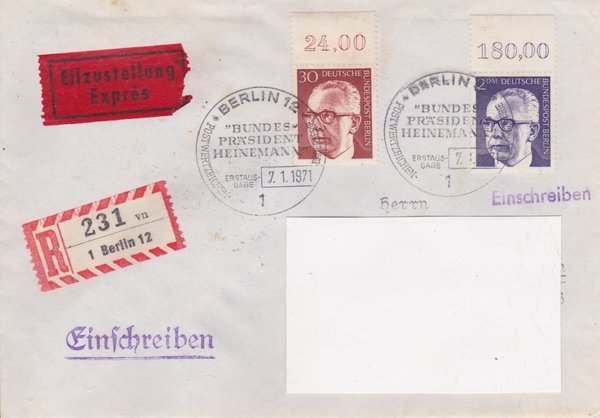 BERLIN 363, 370 - Ersttagsbrief (Gustav Heinemann) mit Ersttags-Sonderstempel vom 02-01-1971 zuadr.