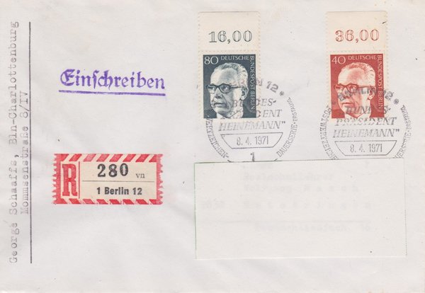 BERLIN 364, 367 - Ersttagsbrief (Gustav Heinemann) mit Ersttags-Sonderstempel vom 08-04-1971 zuadr.